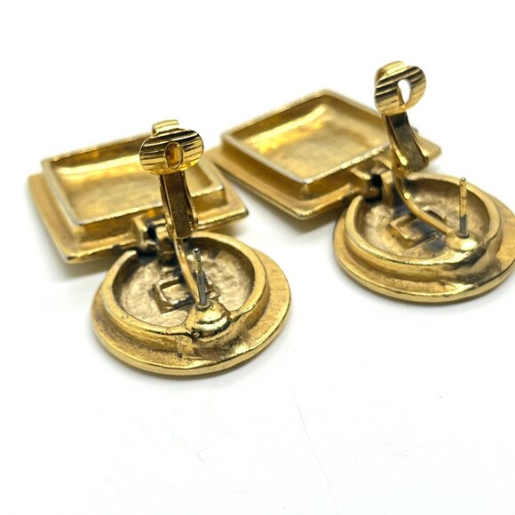 VINTAGE 80S 90S BRUSHED GOLD GEOMETRIC HOOP TEARDROP EARRINGS MODERNIST - Picture 9 of 15